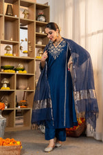 Blue santoori silk embroidered suit set
