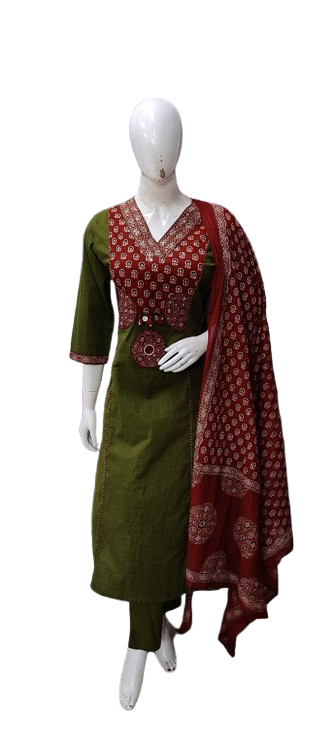 Pure cotton Ajrakh printed full suit set in green