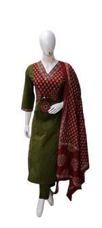 Pure cotton Ajrakh printed full suit set in green