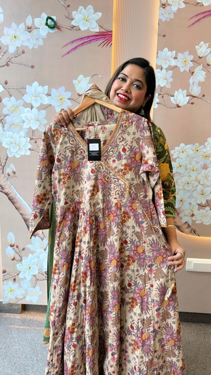 Beige Angrakha pattern cotton Anarkali