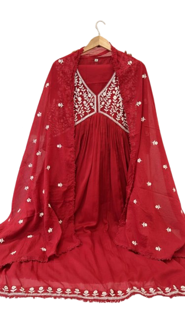 Pure Mul cotton embroidered Anarkali suit set