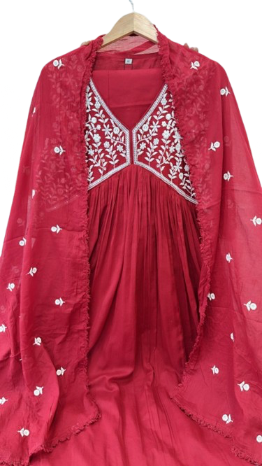 Pure Mul cotton embroidered Anarkali suit set