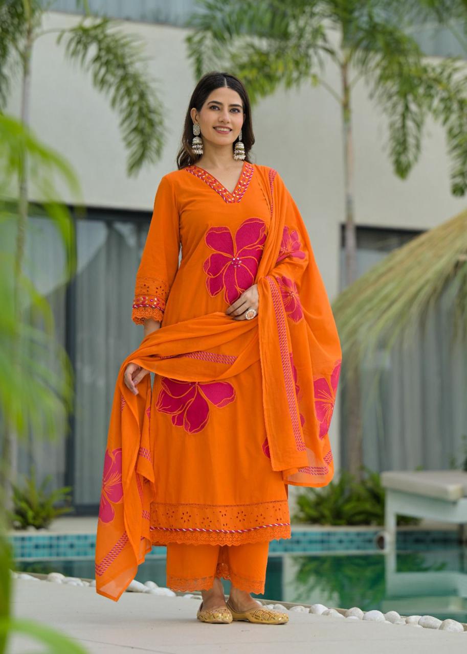 Wow appliqué work premium cotton suit set