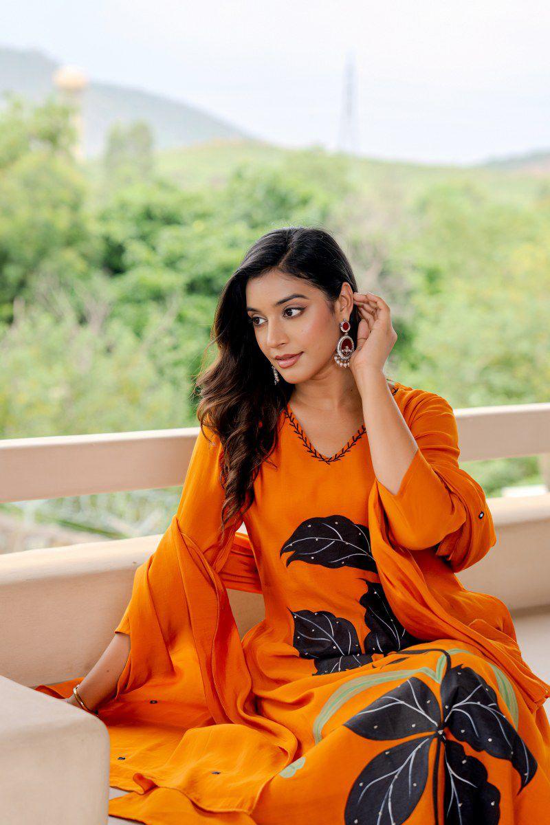 Mul chanderi with lining brush painted full suit set!!