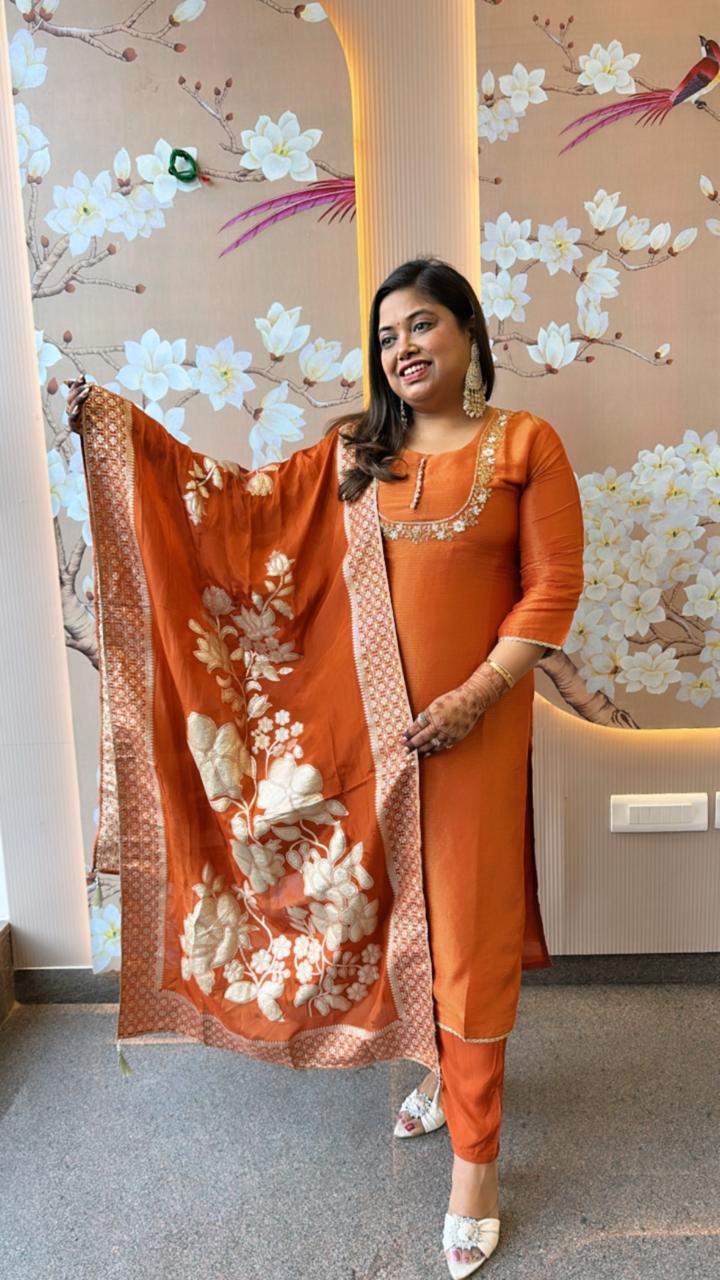 Designer tissue full suit set with beautiful handwork and lace detailing suit set in orange