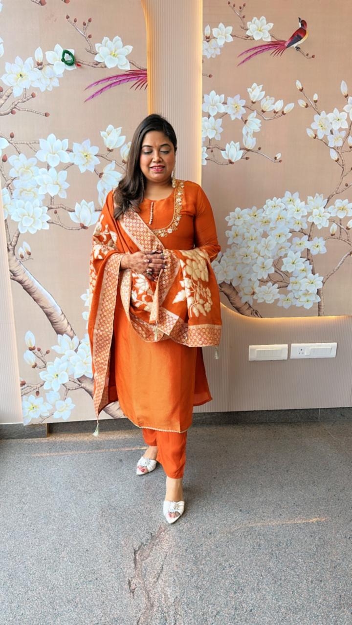 Designer tissue full suit set with beautiful handwork and lace detailing suit set in orange