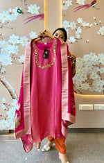 Designer tissue full suit set with beautiful handwork and lace detailing suit set in pink