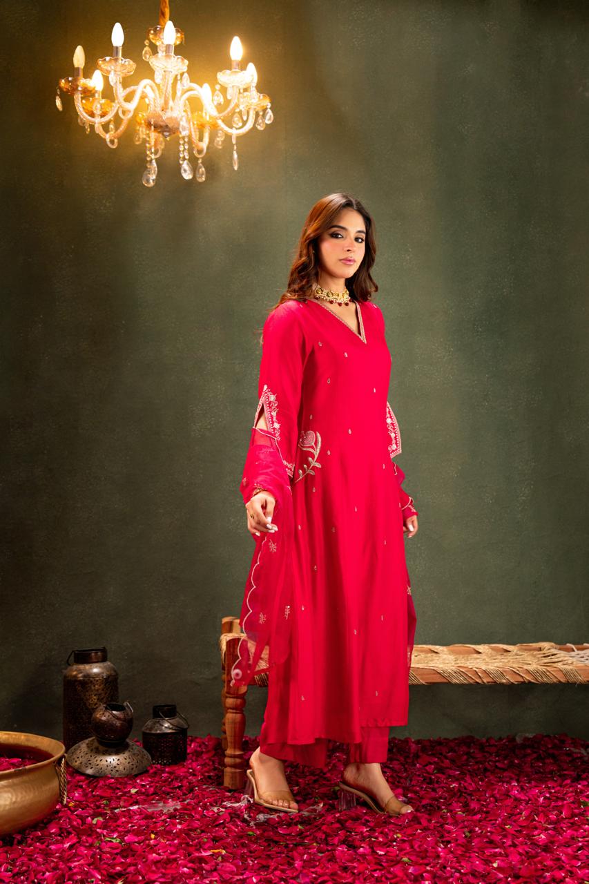 Santoori silk designer sleeves n pocket suit set in pink