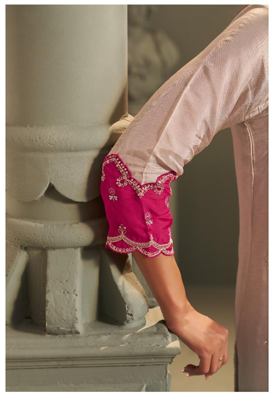 Russian silk pretty hand work suit set in grey n pink