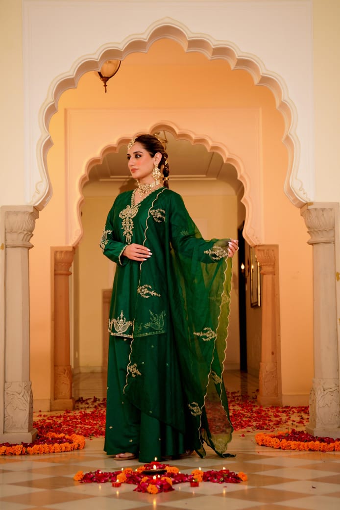 Awesome santori silk party wear Plazo suit set in green