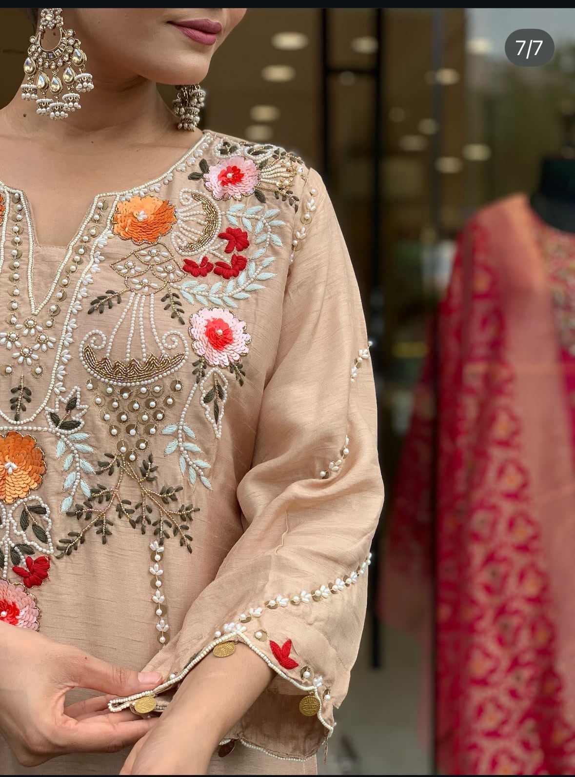 Wow dola silk hand work suit set in cream