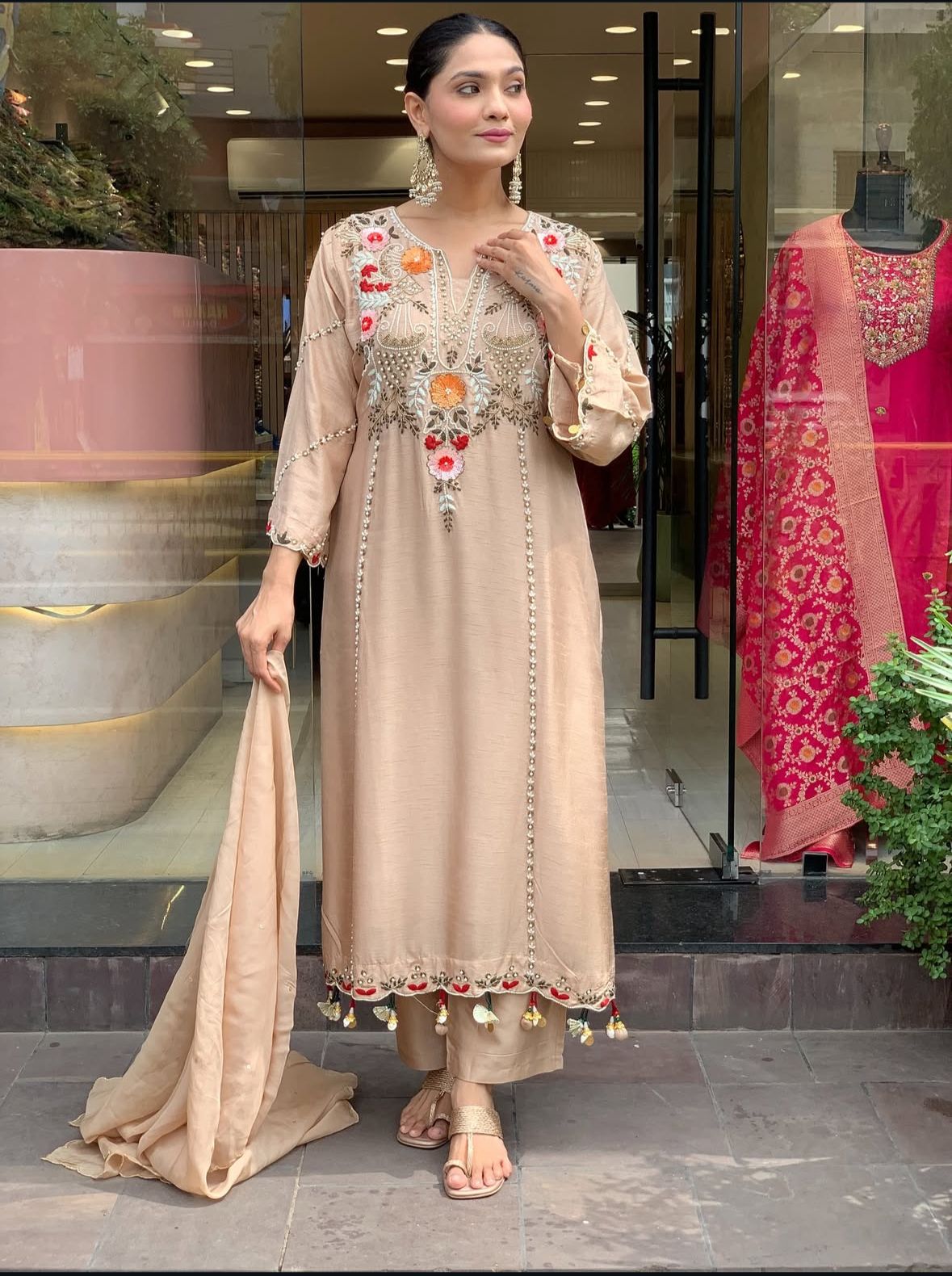 Wow dola silk hand work suit set in cream