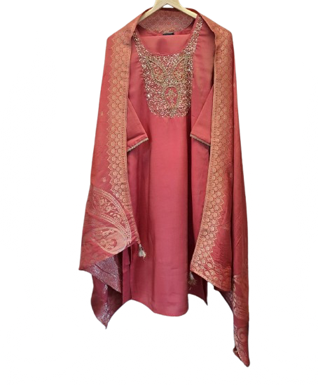 Pretty tissue with Banarasi dupatta and heavy handwork in peach