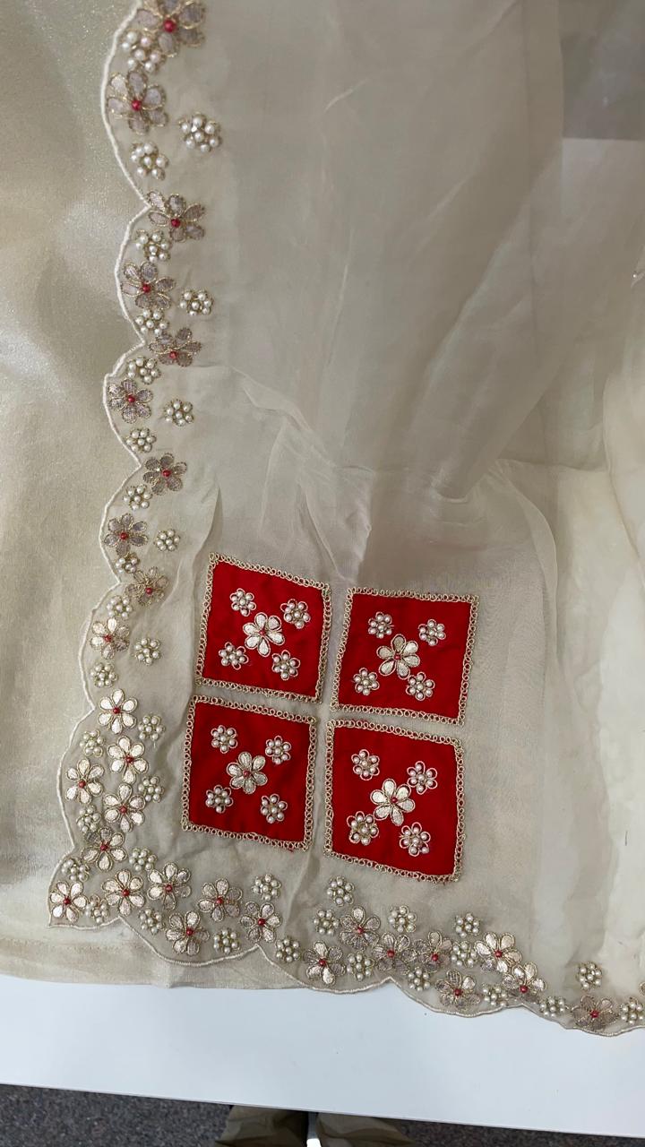 Premium tissue heavy handwork suit set in ivory