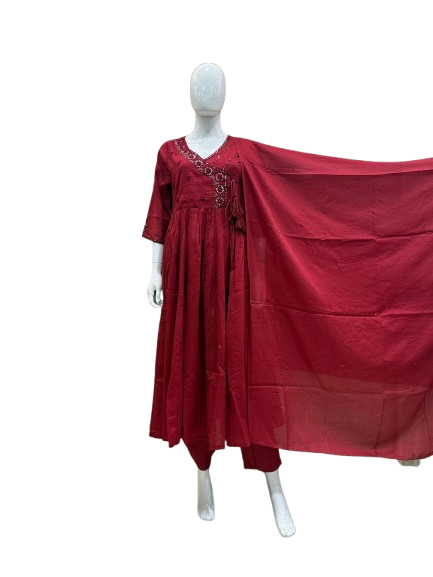 Mul cotton red embroidered suit set