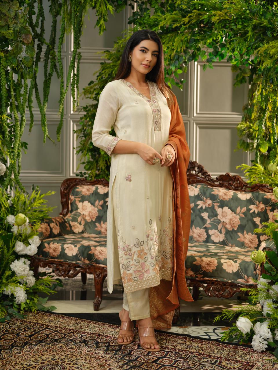 Beautiful tissue suit with heavy handwork and Banarasi dupatta