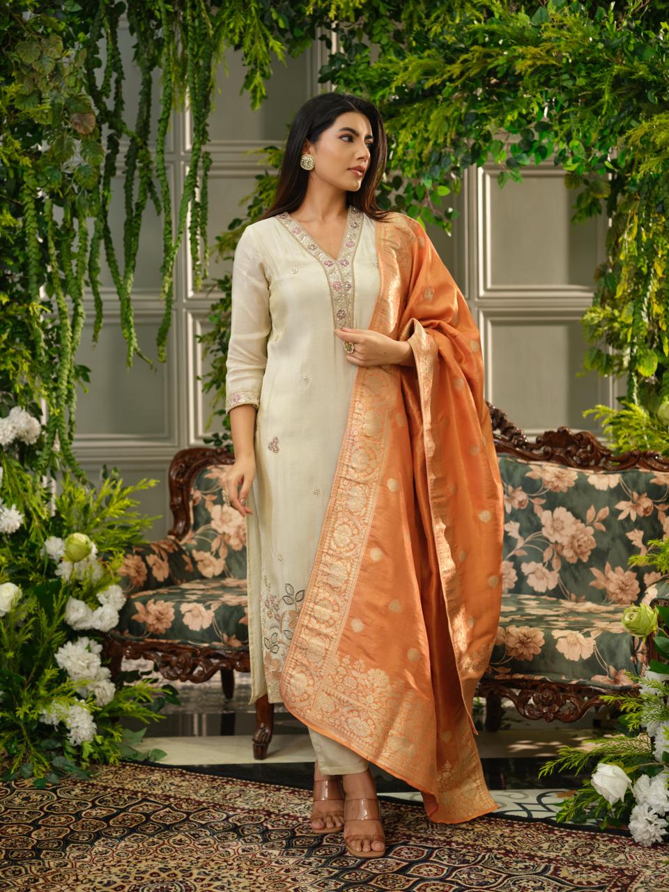 Beautiful tissue suit with heavy handwork and Banarasi dupatta