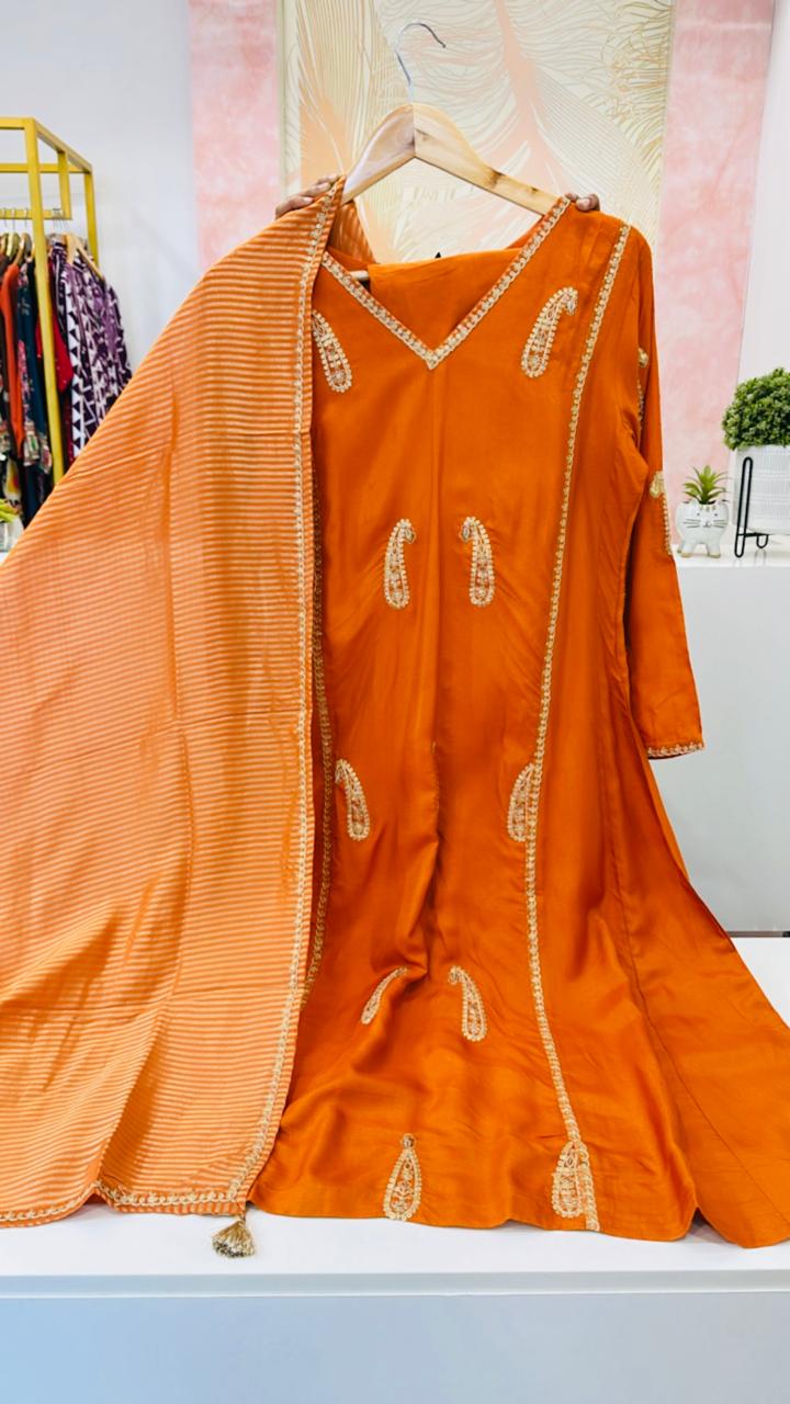 Premium tissue silk with Zari embroidery and tissue dupatta in orange