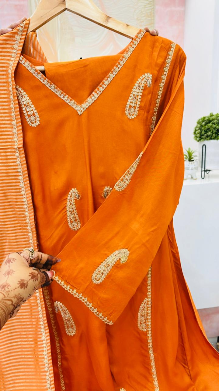Premium tissue silk with Zari embroidery and tissue dupatta in orange