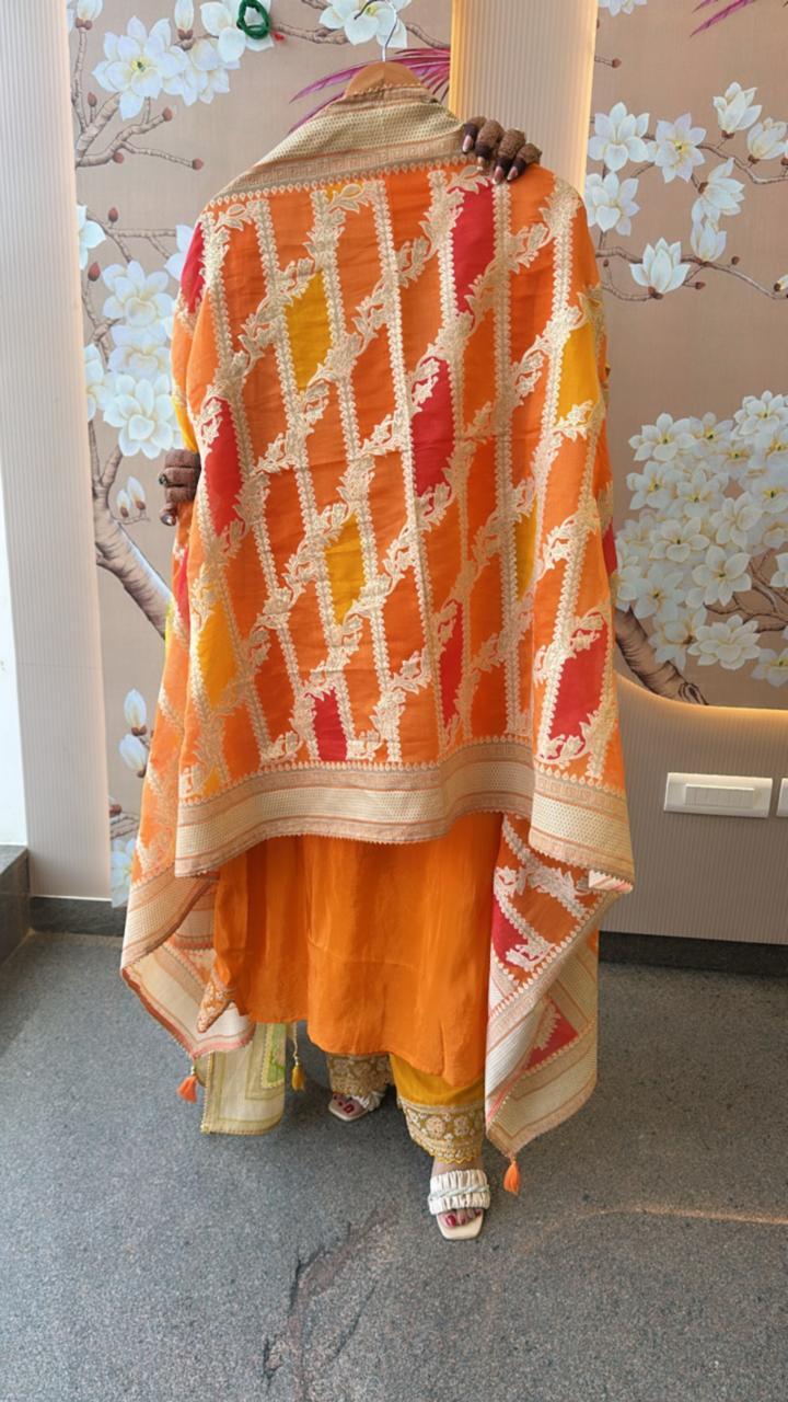 Pure crepe designer lace detailing suit set in orange