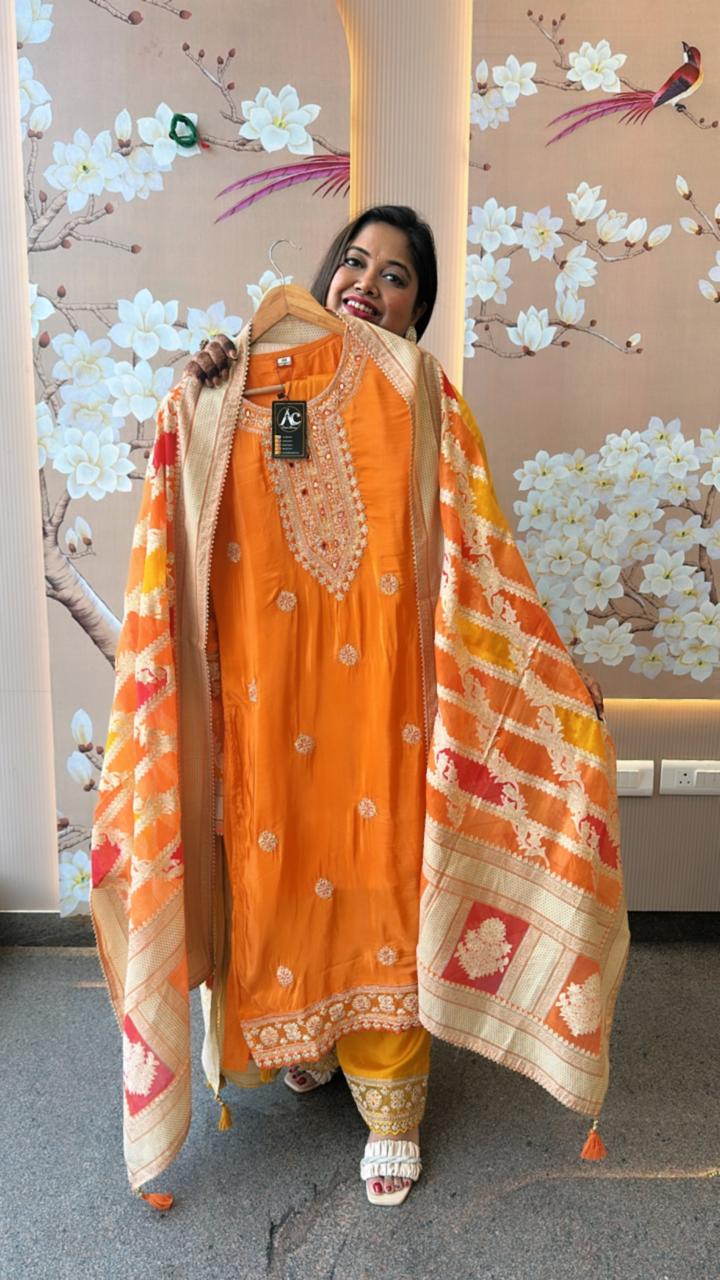 Pure crepe designer lace detailing suit set in orange