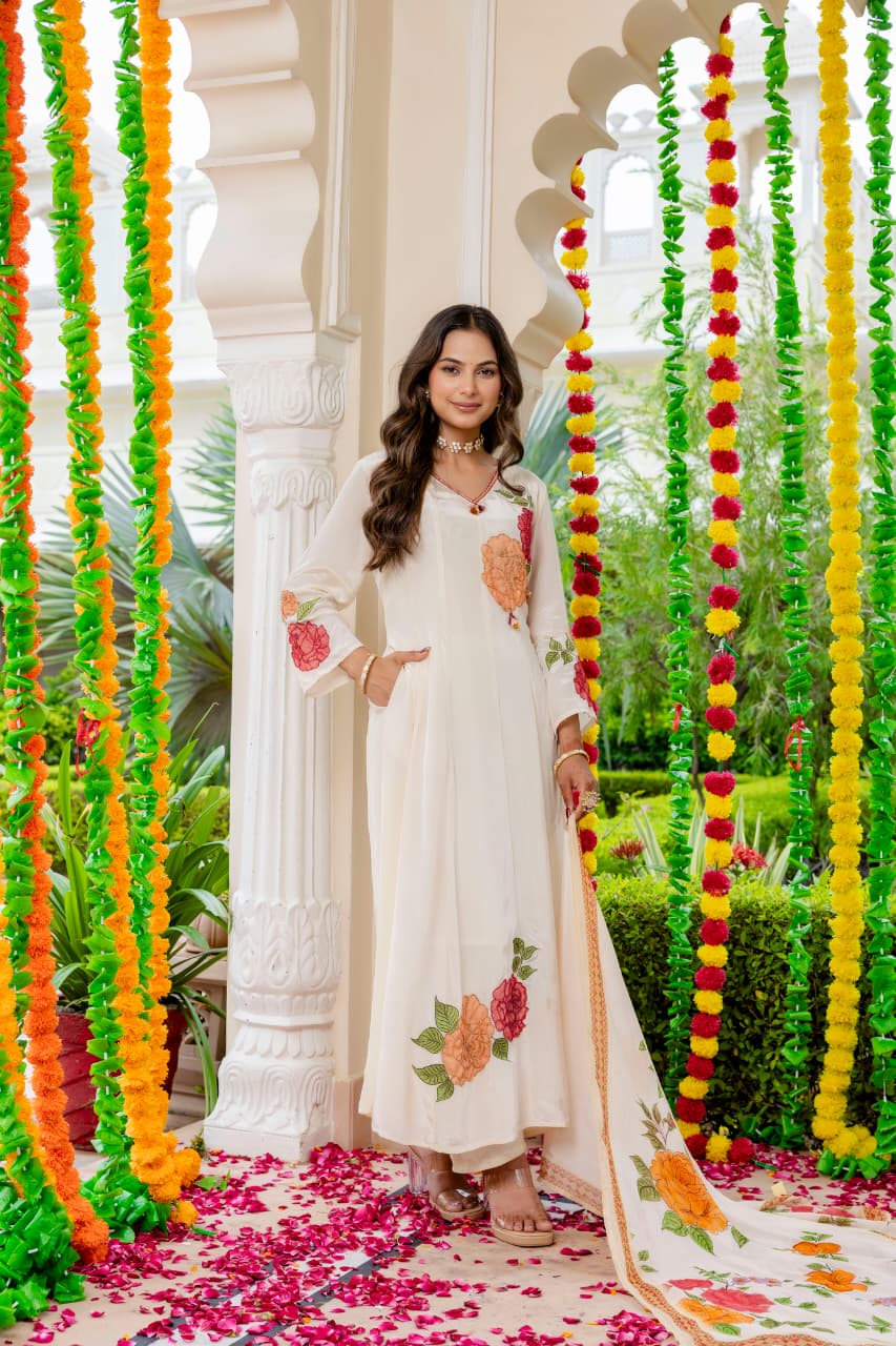 Pure crepe designer floral Anarkali suit set in ivory