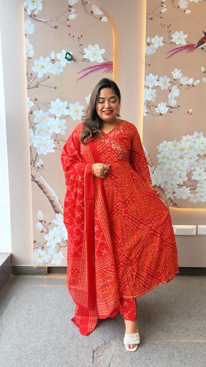 Pure cotton Angrakha bandhani orange n red full suit set