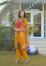 Pure crepe Ikkat print suit set in yellow