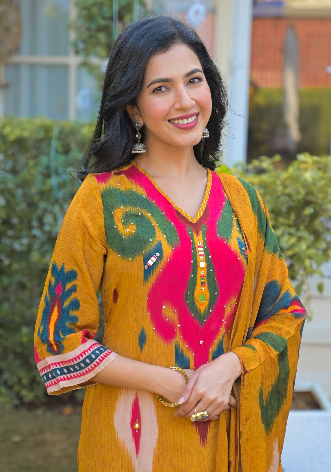 Pure crepe Ikkat print suit set in yellow