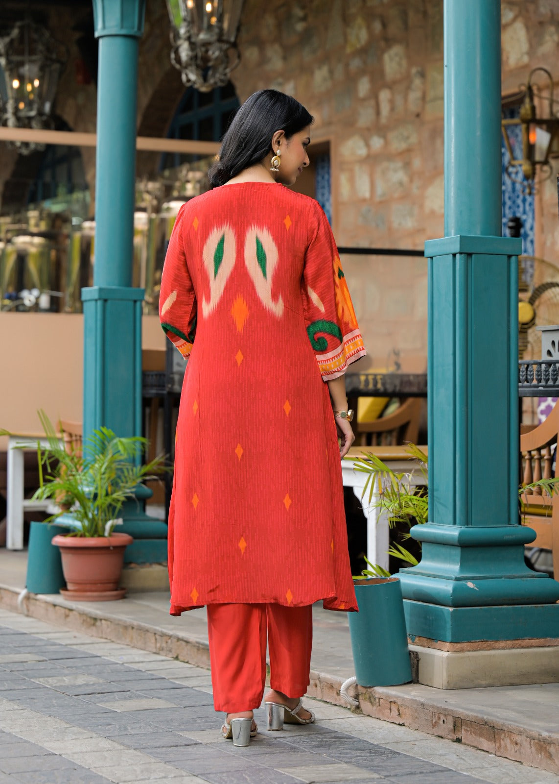 Pure crepe Ikkat print suit set in orange