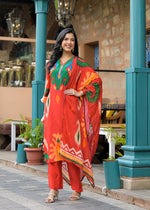 Pure crepe Ikkat print suit set in orange