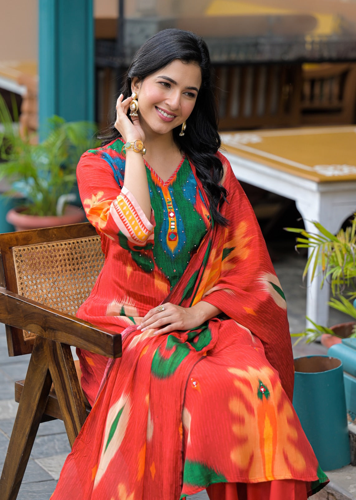 Pure crepe Ikkat print suit set in orange