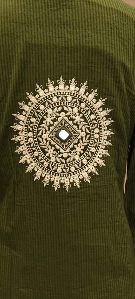 Pretty cotton designer back n pocket suit set in green