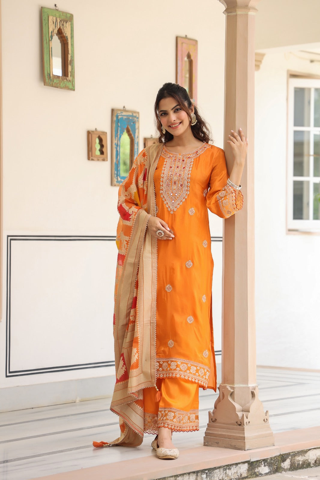 Pure crepe designer lace detailing suit set in orange