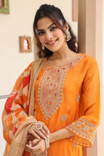 Pure crepe designer lace detailing suit set in orange