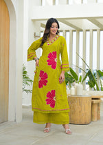 Appliqué work cotton suit set in green