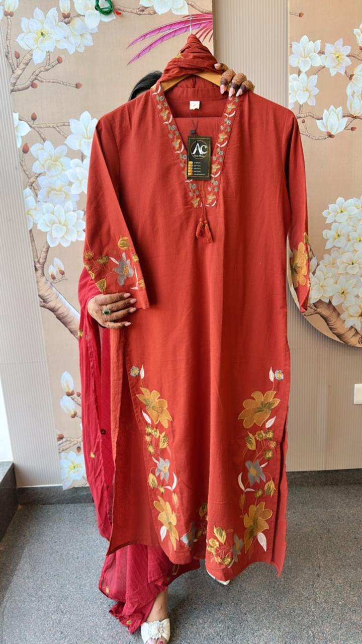 Pure cotton fully embroidered rust suit set