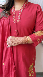 Pure cotton fully embroidered red suit set