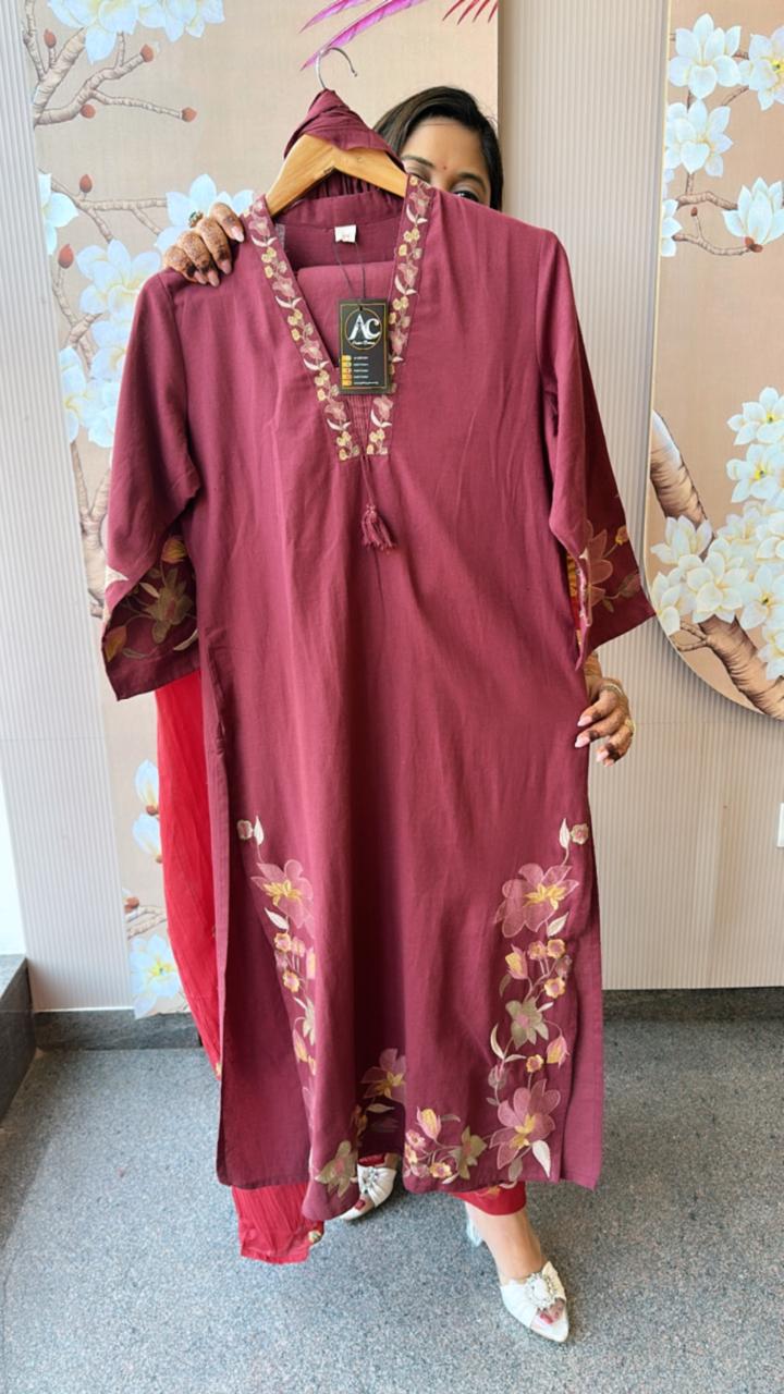 Pure cotton fully embroidered wine suit set