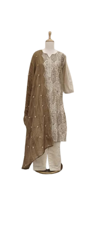 Gorgeous linen Chanderi embroidered lining suit set