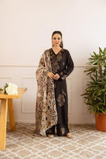 Heavy rayon embroidered suit set paired with soft orgenza dupatta in black