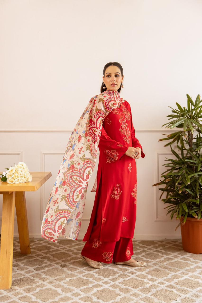 Heavy rayon embroidered suit set paired with soft orgenza dupatta in red