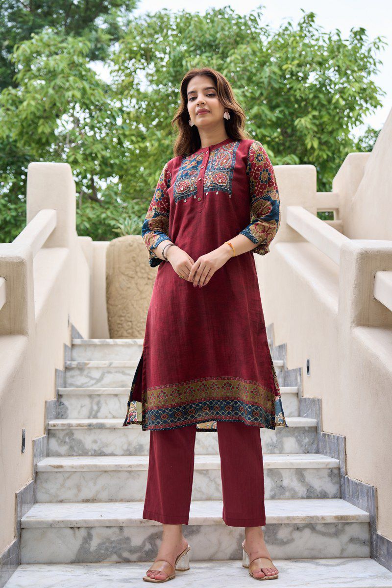 Kalamkari back Mul silk kurta pant in red