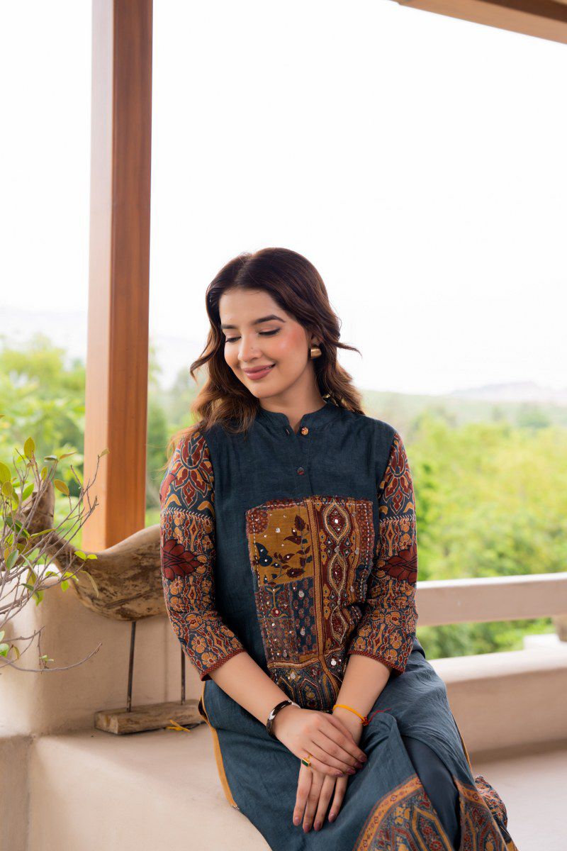 Kalamkari back Mul silk kurta pant in blue