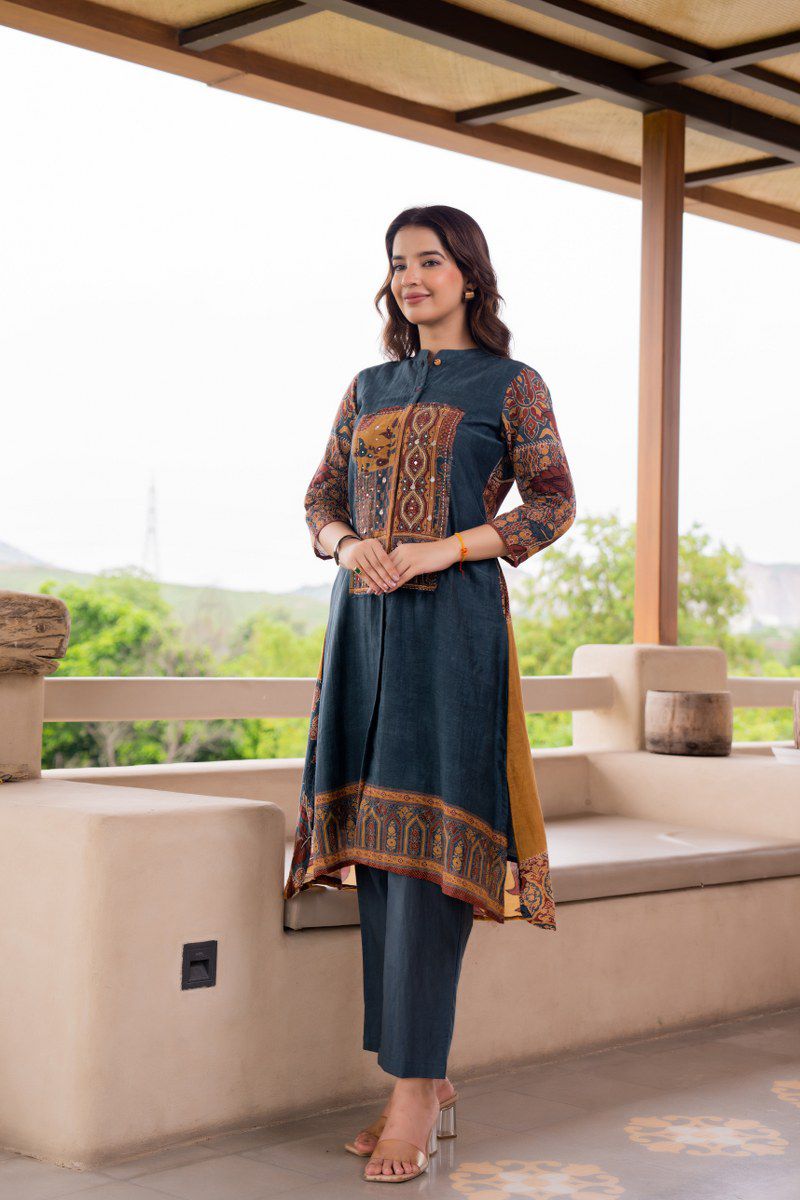 Kalamkari back Mul silk kurta pant in blue