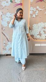 Embroidered cotton palazzo set in ice blue