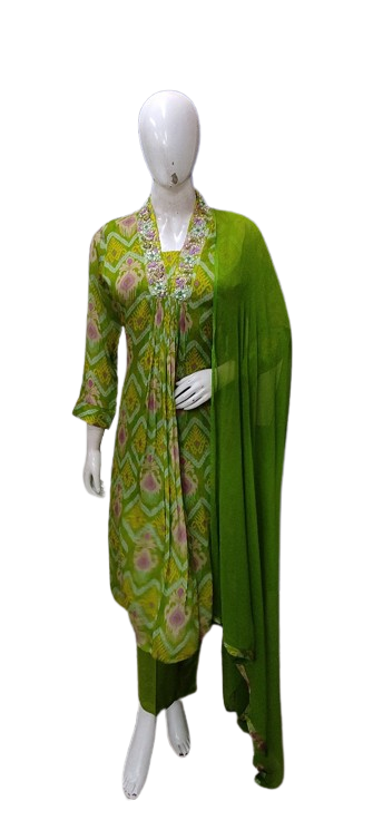 Premium chinon suit set in green