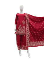 Designer back n embroidered cotton in red with block print dupatta