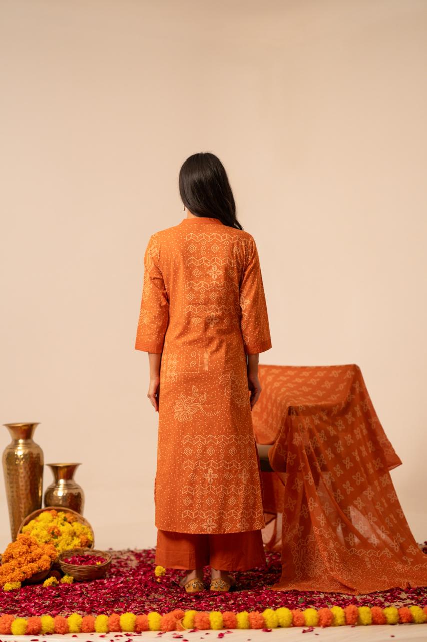 Orange bhandni cotton full suit set