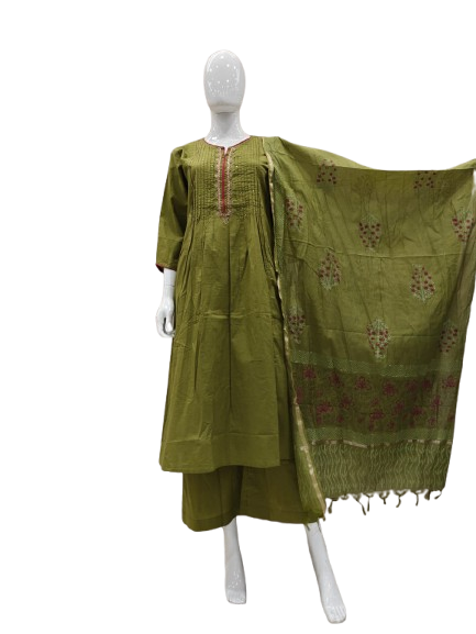 Premium cotton suit set with chanderi dupatta in green